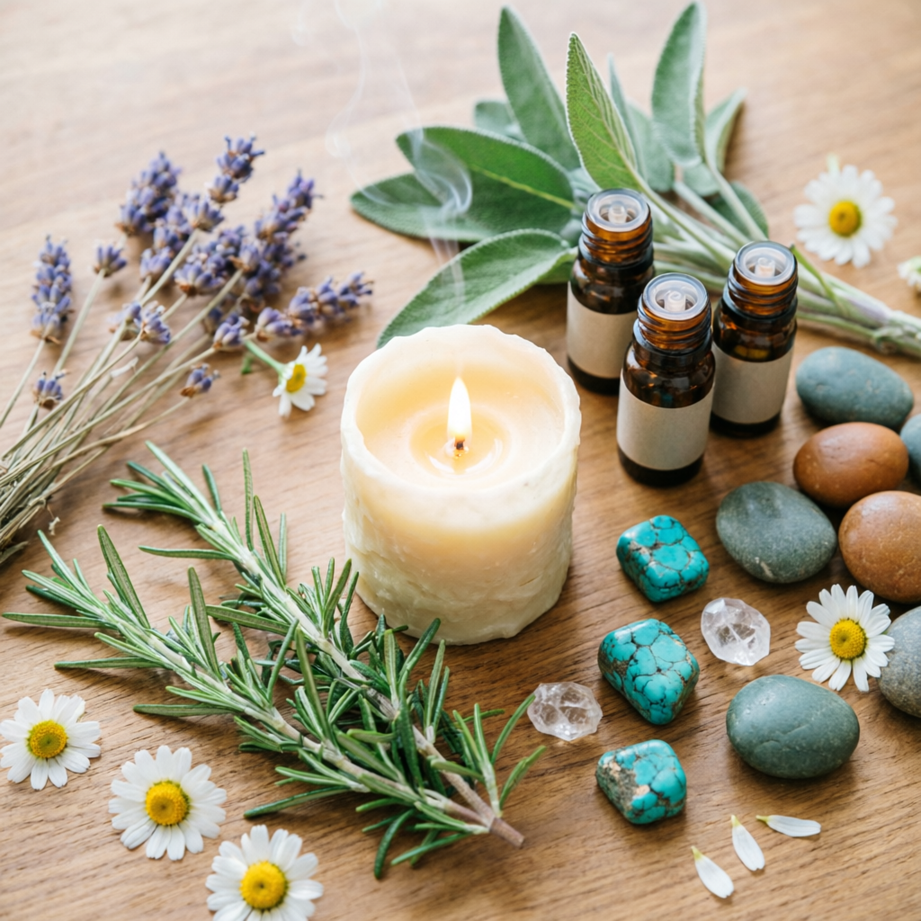 Ervas, cristais, óleos e vela dispostos sobre madeira