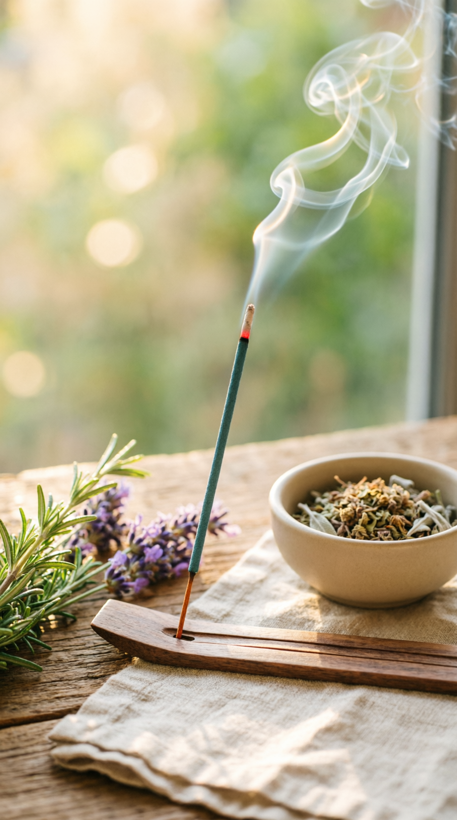 Incenso queimando com fumaça e ervas