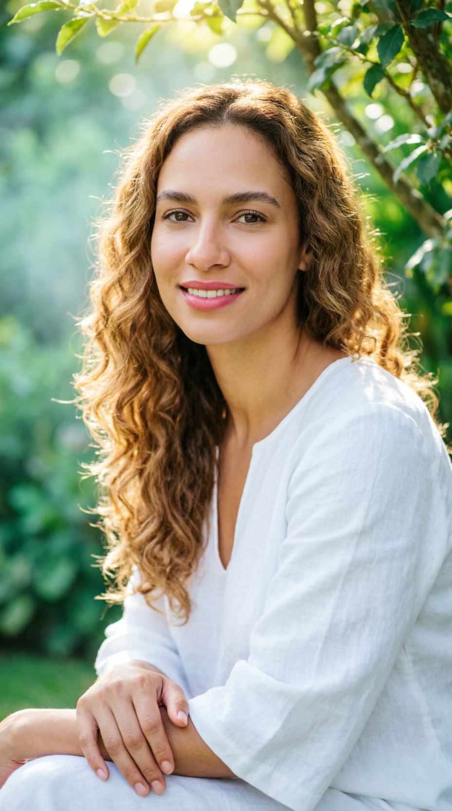 Terapeuta na natureza, envolvida por verde e luz