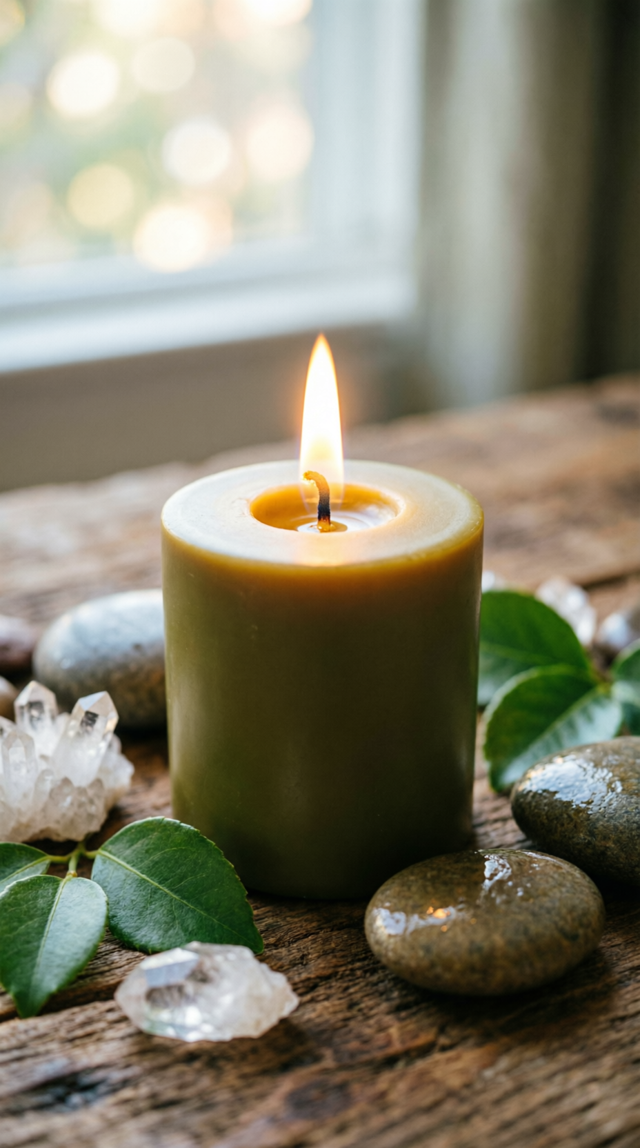 Vela acesa em superfície de madeira com folhas e cristais